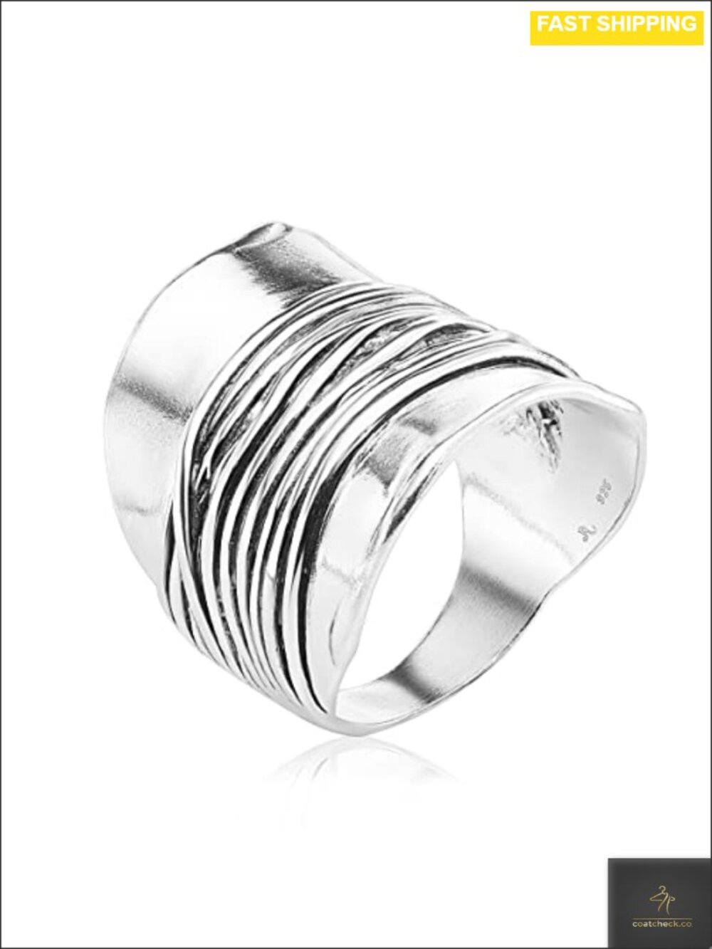 925 Sterling Silver Wide Shield Ring Wire Wrap Center Vintage Statement Ring